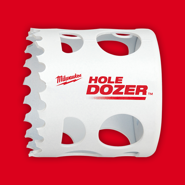 White Hole Saw with red Milwaukee Hole Dozer brand logo on red background.