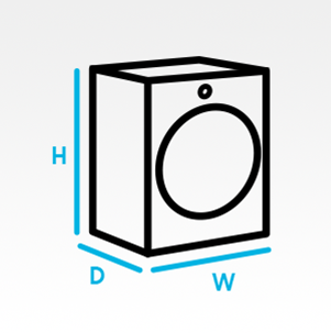 3-D top-load dryer icon with height, depth and width labels.
