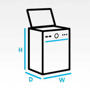 3-D top-load washer icon with height, depth and width labels.