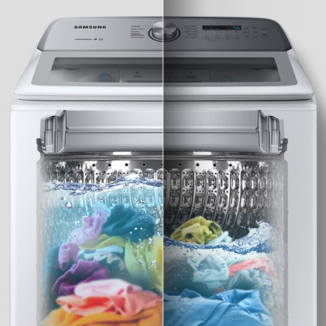 Washer split with line down the middle shows that water fills to level according to load size