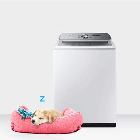 Puppy sleeping in front of quiet front-load washer with animated z’s floating around.