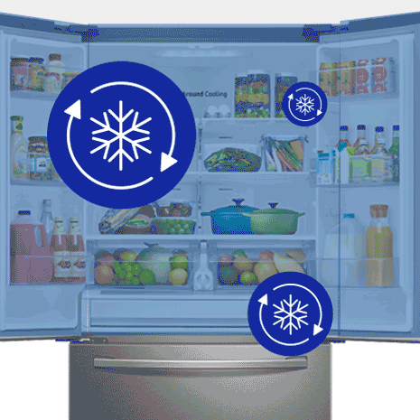 Icons with snowflakes float around fridge to indicate all around cooling