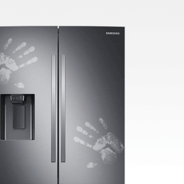 Handprints on fridge with diagonal slash through fingerprint