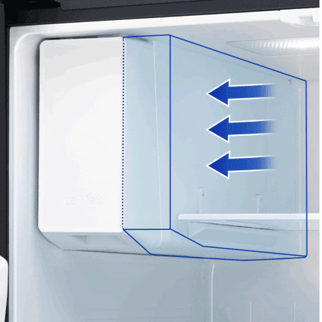 Blue arrows show how ice fills up ice maker to 4.2 lbs.
