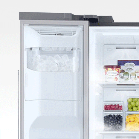Icon shows glass of ice next to ice maker in freezer door