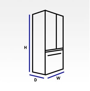 Height, depth and width lines indicate how refrigerator size is measured