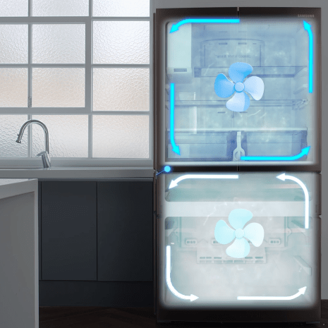 Fan icons and arrows show cooling in both refrigerator and freezer