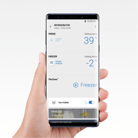 Hand holding phone shows how refrigerator and freezer settings can be adjusted remotely
