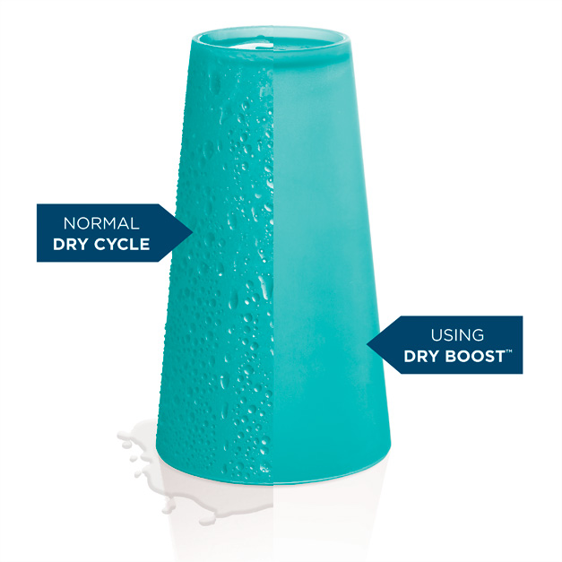 Teal plastic cup with water on 1 side and dry on the other, text callouts for normal dry cycle and Dry Boost cycle