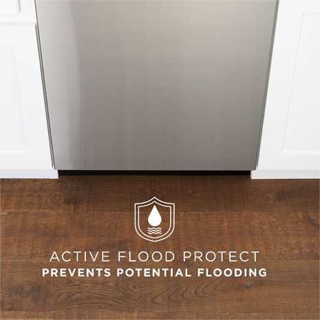 GE stainless dishwasher door with wood floor and text active flood protect prevents potential flooding