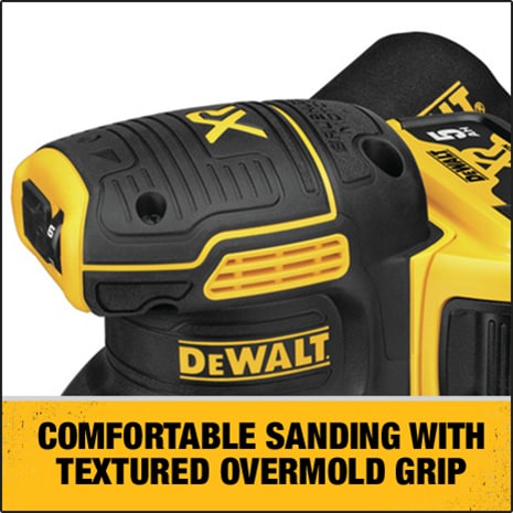 Texturized rubber overmold grip for comfortable sanding.