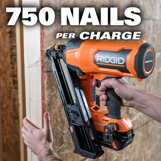 RIDGID R09895B 18V Brushless Cordless 30-Degree 3-1/2 in. Framing Nailer (Tool Only) RIDGID nailer in use on wood