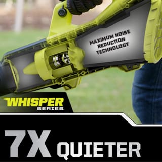 The RYOBI 40V HP Brushless Whisper Series Blower has noise dampening technology and is part of our quietest range of products that is 7X quieter compared to gas (RY25AXB)