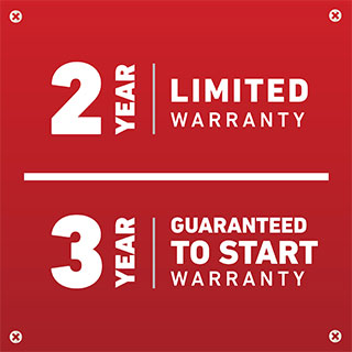 2 Year Limited Warranty and 3 Year Guaranteed to Start Warranty.