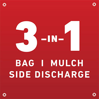 Image of graphic showing 3-in-1 bag, mulch or side discharge capable.