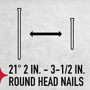 This nailer is ideal for 21-degree round head nails between 2 and 3-1/2 in.