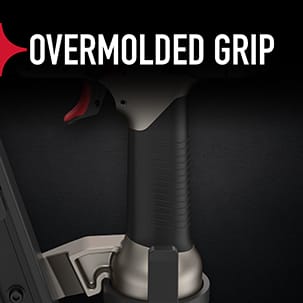 An ergonomic overmold grip provides comfort during prolonged jobs.