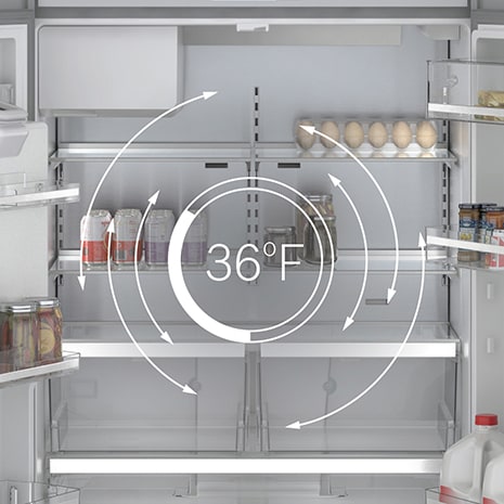 Bosch Refrigerator open with interior temperature displayed