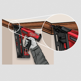 Close up illustration of Milwaukee M18 FUEL 15 Gauge finish Nailer ability to access tight corners.