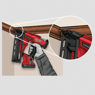 Close up illustration of Milwaukee M18 FUEL 16 Gauge finish Nailer ability to access tight corners.