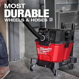 The Milwaukee M18™ Wet Dry Vacuum is the most durable with wheels and hoses