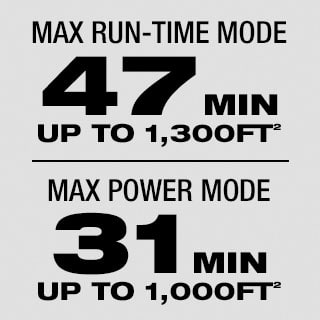 The M18™ Wet Dry Vacuum has a max run time mode of 47 minutes up to 1,300 feet and a max power mode for 31 minutes up to 1,000 feet