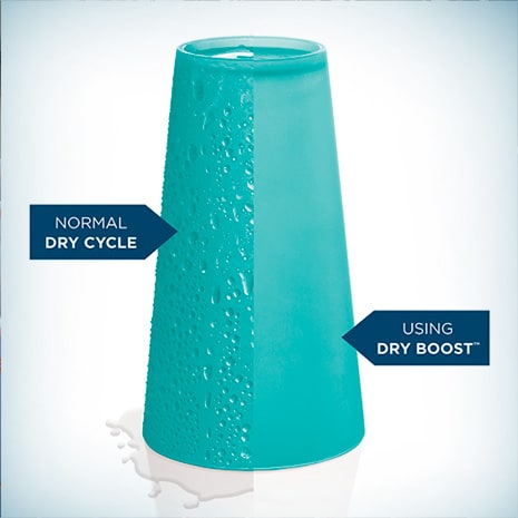 A cup that compares a normal dry cycle on the left and a dry cycle with dry boost on the right