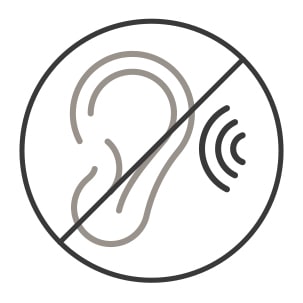 An icon of an ear picking up sound has been struck through, signifying that the sound produced by the dishwasher is not heard.