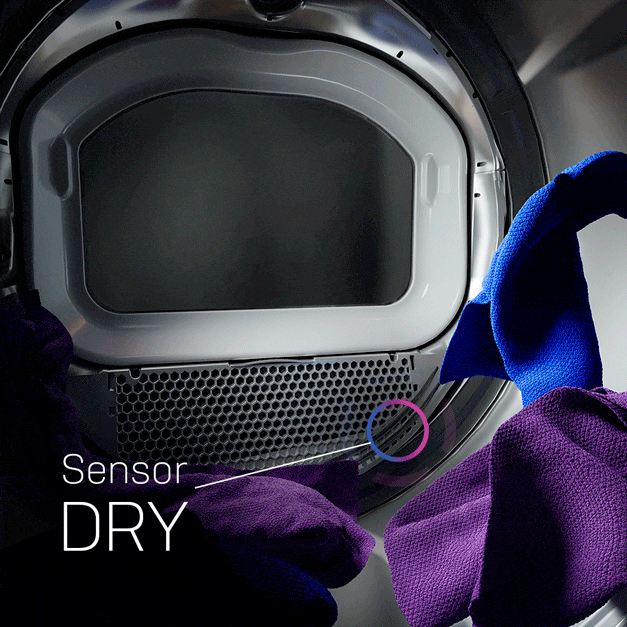A shot of the dryer interior during a cycle. A circle overlay is drawn around the sensors.