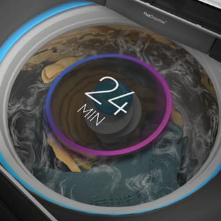 A shot of the washing machine during a cycle. An overlay shows the quick wash will take 24 minutes to complete.