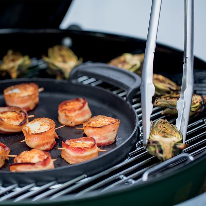 Bacon wrapped scallops and Brussels sprouts grilling on the Weber Master Touch Charcoal grill with Gourmet BBQ System grates and griddle