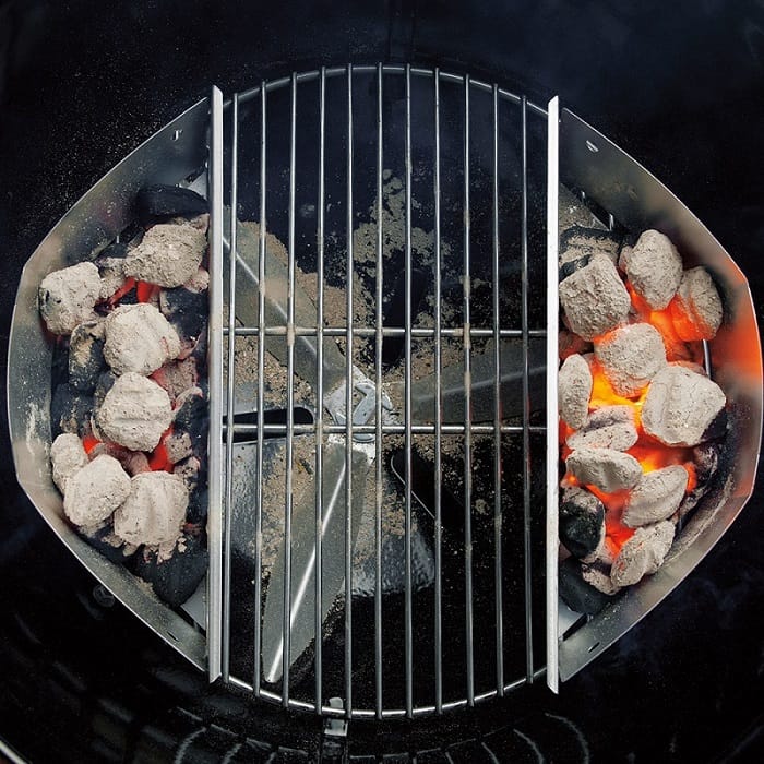 Two Weber Char baskets set up for indirect cooking on a Weber Master Touch Charcoal Grill