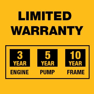 Limited warranties include 3 Year Engine, 5 Year Pump, 10 Year Frame and 90 Day Accessory.