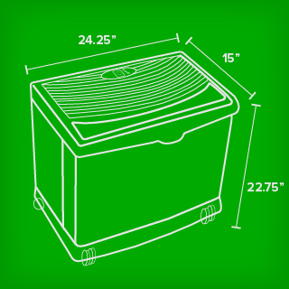 White illustration on green background of AIRCARE Valiant evaporative humidifier measurements, 24.25 inches wide by 22.75 inches tall by 15 inches deep