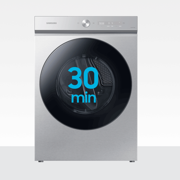 Front of dryer with arrows animating around the words “30 minutes”.