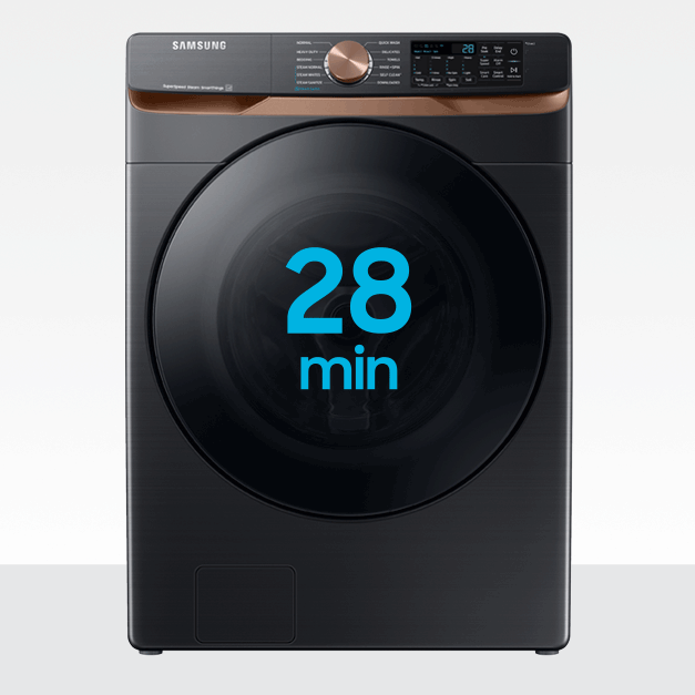 Front of washer with arrow animating around the words “28 minutes”.