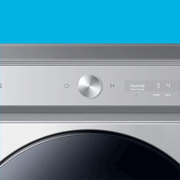 Blue circle highlights AI Smart Dial on front of dryer.