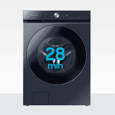 Front of washer with arrow animating around the words “28 minutes”.