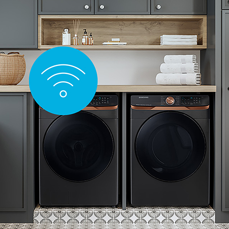 Blue Wi-Fi circle overlays washer and dryer to indicate Wi-Fi Connectivity.