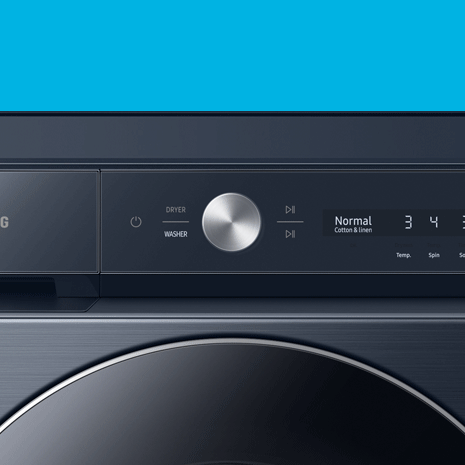 Blue circle highlights AI Smart Dial on front of washing machine.