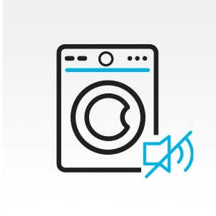 Illustration of washer with blue sound icon crossed out with a blue line.