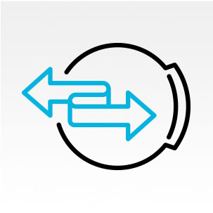 Illustration of blue arrows going left and right on dryer door indicates reversible door.