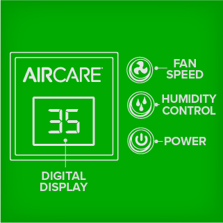 White illustration on green background of control panel on AIRCARE Valiant evaporative humidifier
