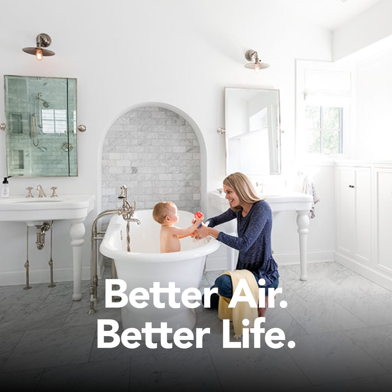 Family enjoying bathtime while breathing quality indoor air.