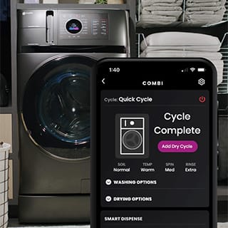 A smartphone in front of the appliance displays options and the cycle status for the combo washer and dryer.