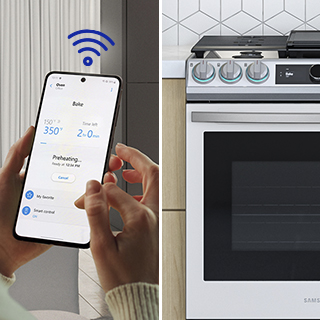 Hands holding phone with screen that shows app controlling oven temperature and wifi icon overlayed.