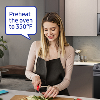 Woman cutting food in kitchen with speed bubble that reads: 