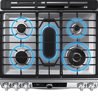 5-Burner gas cooktop with blue highlight around each burner.