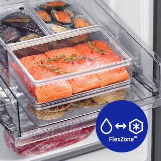 Image showing compartments in the fridge with food and an icon showing a water drop with an arrow to a snowflake.