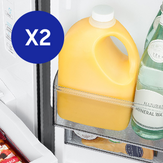 Image of a gallon of orange juice shown in the fridge door. Blue icon reading "x2" overlayed on top.